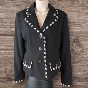 Spanner Women’s Sz 4 Button Blazer/Jacket Fringe Black Pockets (915)